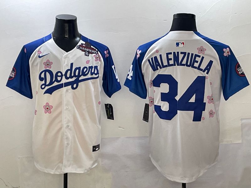 Men Los Angeles Dodgers #34 Valenzuela White Blue Sakura Edition 2025 Nike MLB Jersey style 5